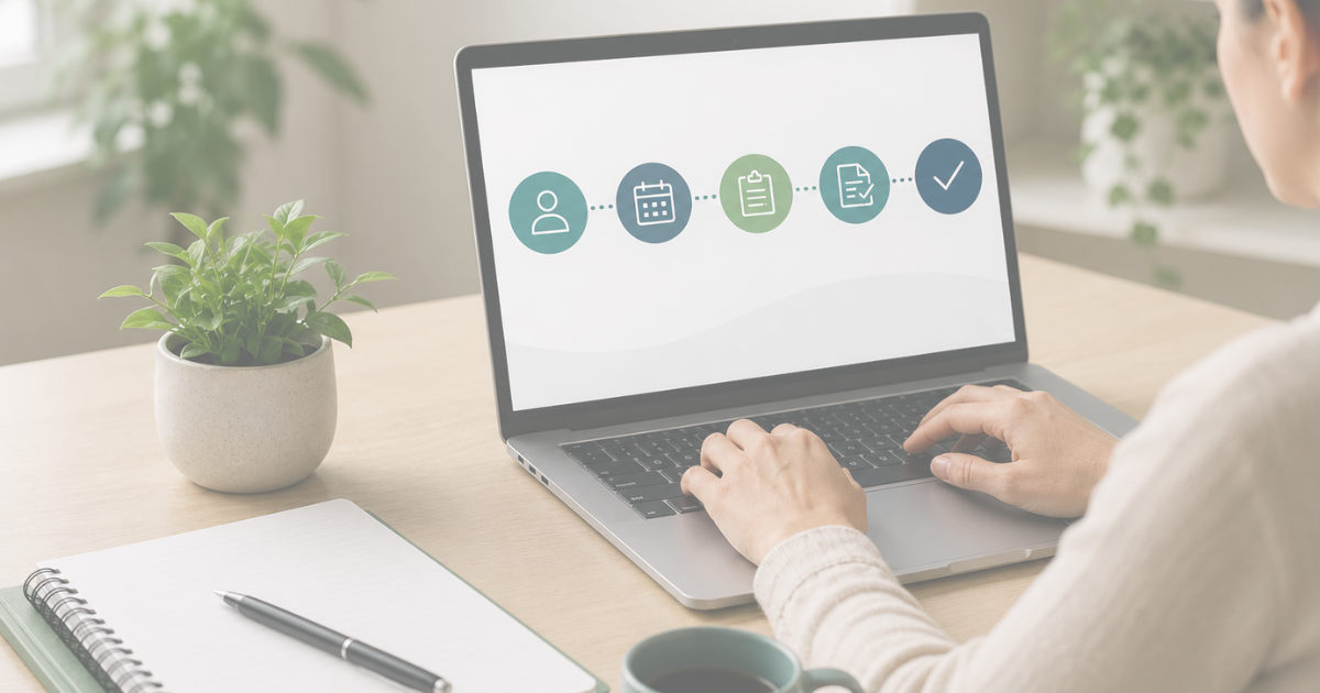 Administrator streamlining client intake workflow in an allied health practice using practice management software.